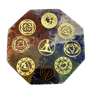 Octagon Shape Orgone Coaster Engraved With Seven Chakra Symbols